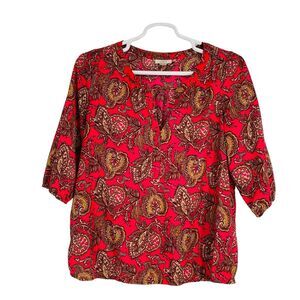 LOFT Floral Print V Neck Blouse Sz L Womens Elbow Sleeve Lightweight‎